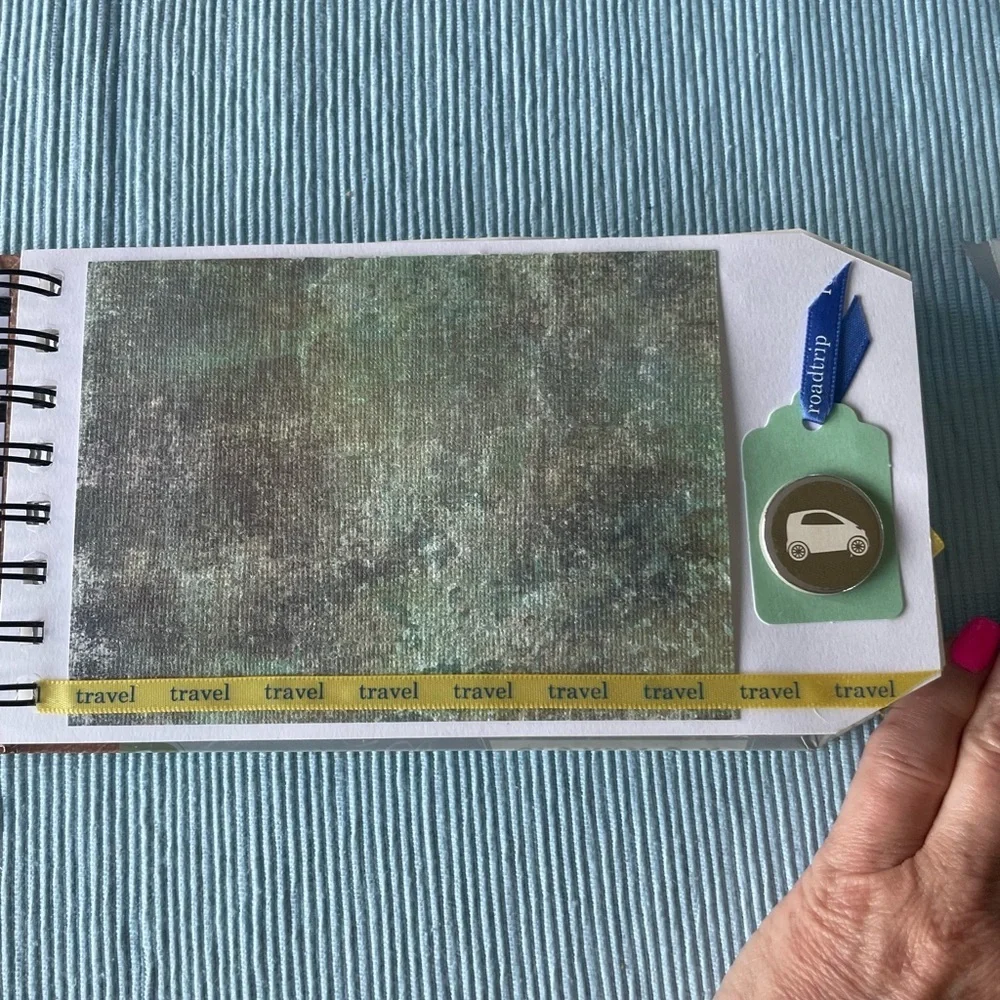 Travel Themed Pre-made Spiral Scrapbook with Bow- picture-ready! 8.25x4.5”